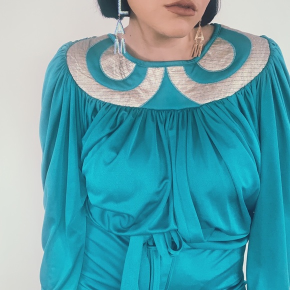 Vintage Pants - Vintage 60s Space age Teal Silver Pant Blouse Set